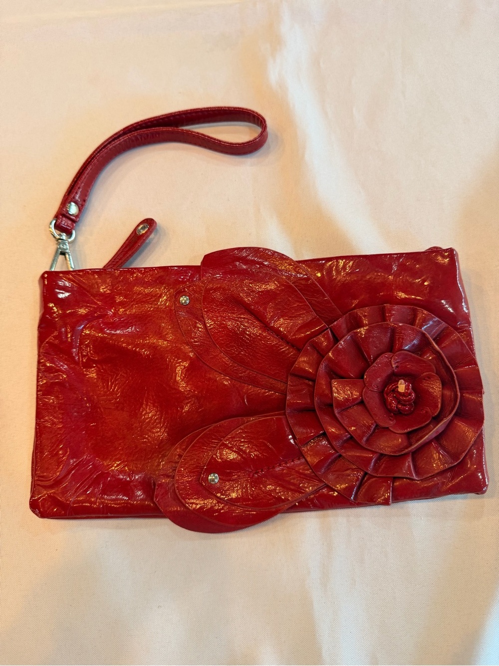 MC Red Floral Red Patent Leather Wristlet Clutch Yellow Interior